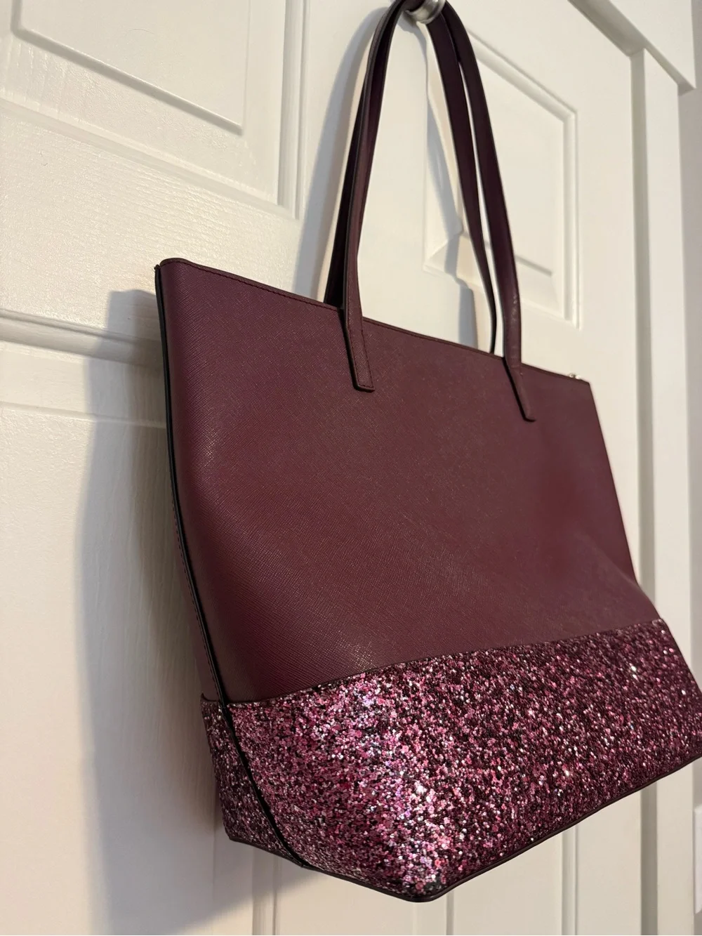 kate spade burgundy tote with pink glitter base